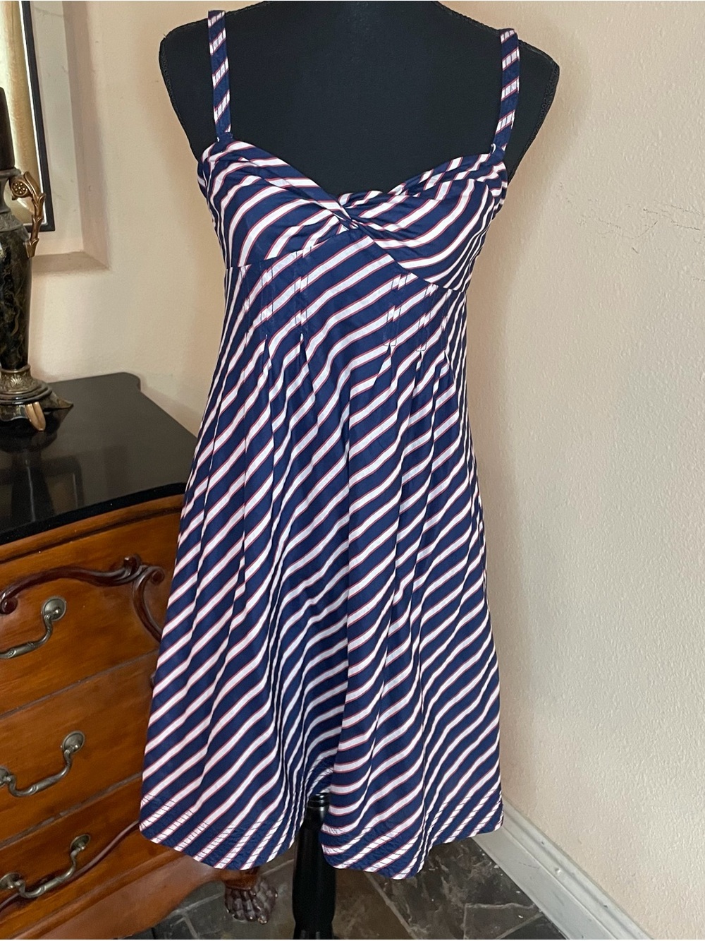 American Eagle red white and blue diagonal striped sundress twist front
